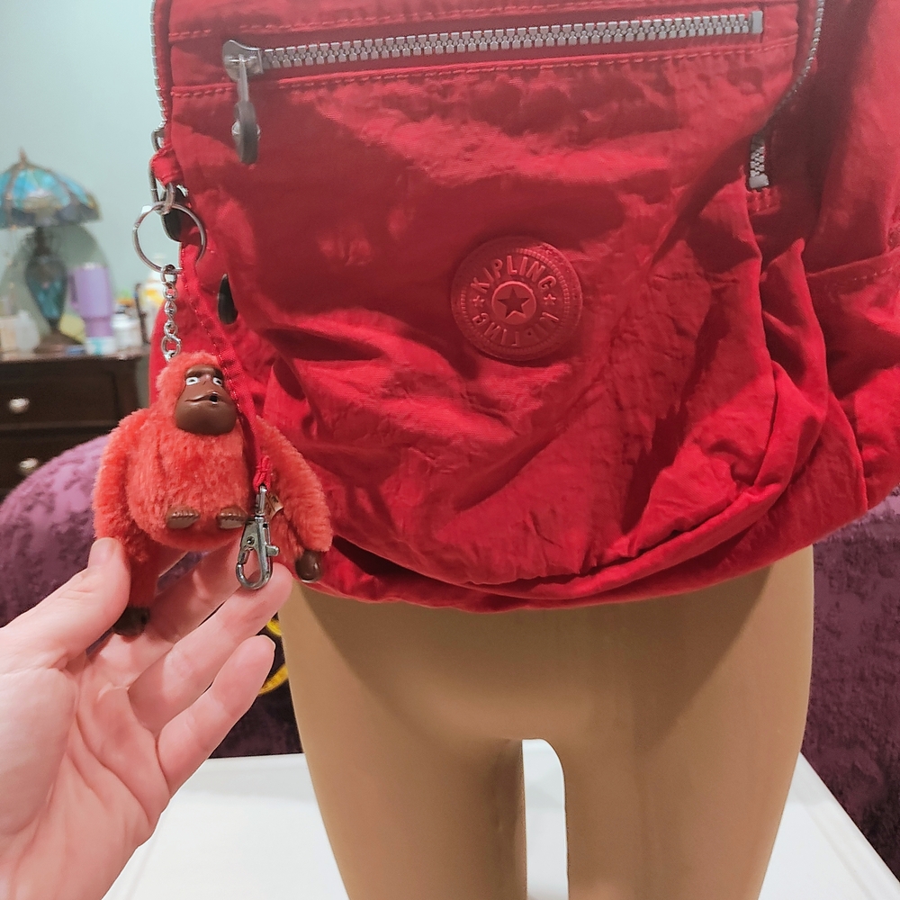 Kipling Red Nylon Backpack with Monkey Keychain